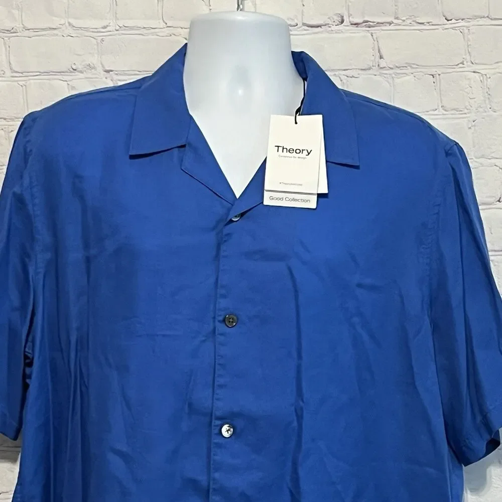 Theory Mens Noll Tencel Flow Twill Button Up Shirt Sail Blue XL Short Sleeve